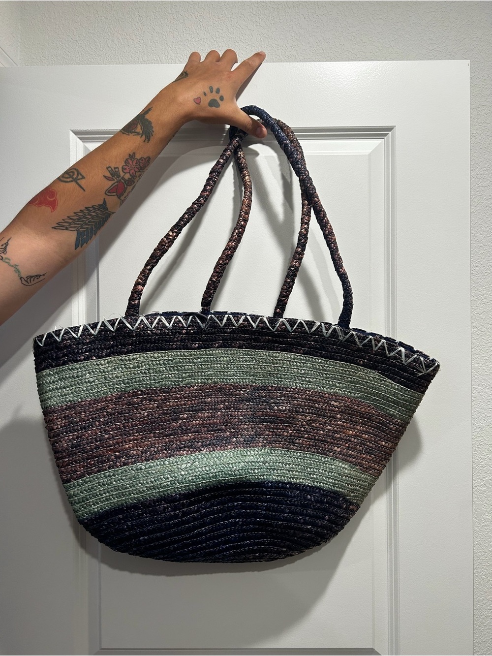 Handwoven Stripe Tote Bag in Black, Green & Brown